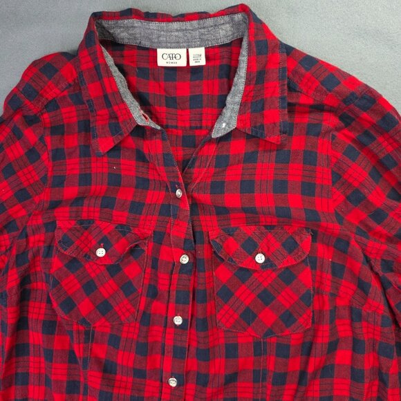 Cato Shirt Woman Plus 22-24W Red Black Plaid Contrasting Gray Trim Casual Layer - Picture 4 of 12